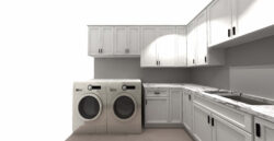 White traditional cabinets with black handles and washer and dryer