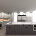 White and grey traditional cabinets with white marble countertops in kitchen