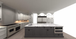 White and grey traditional cabinets with white marble countertops in kitchen